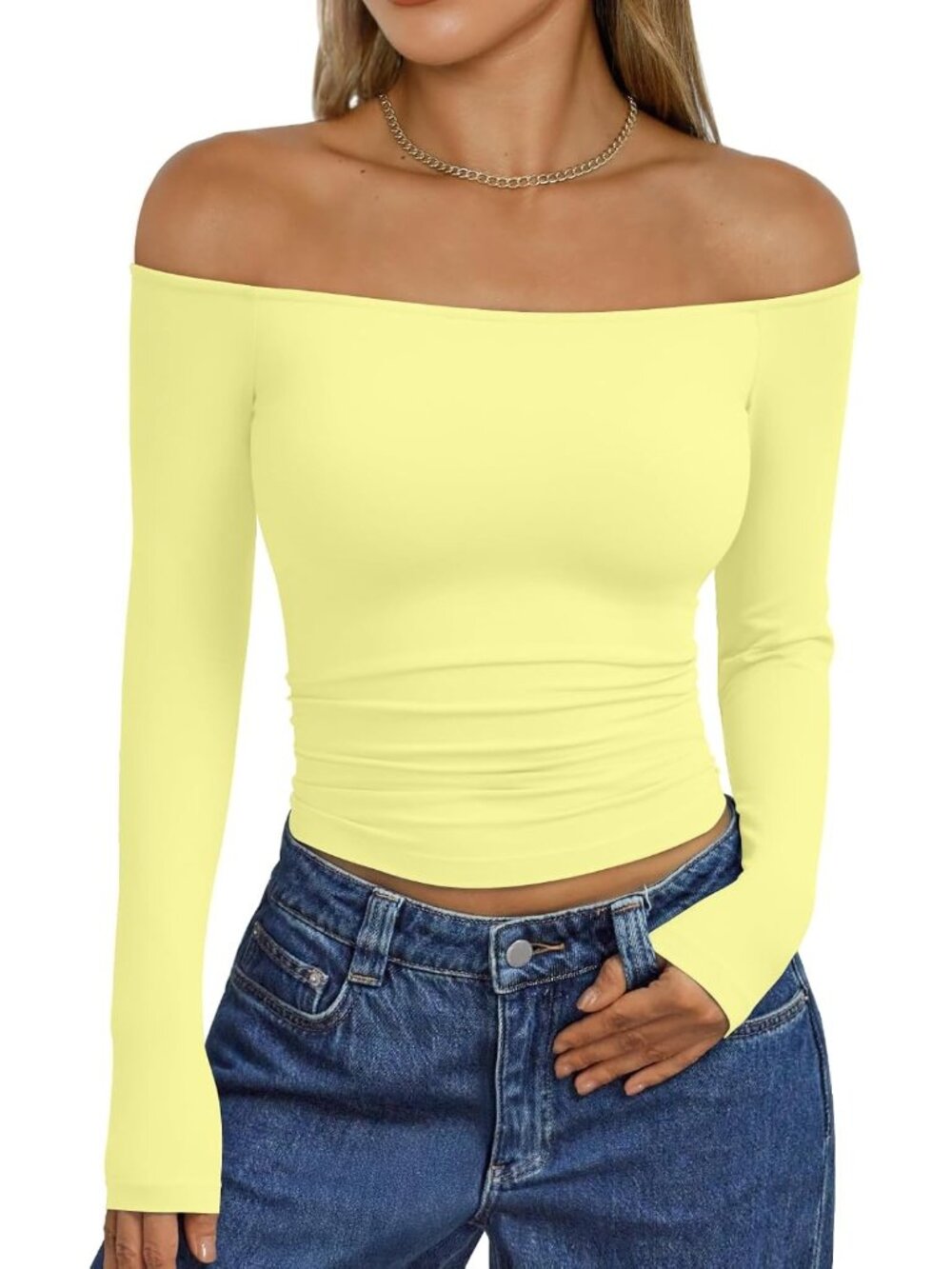 Women's Yellow Long Sleeve Ribbed Off Shoulder Tops Sexy Cropped T-Shirt Top